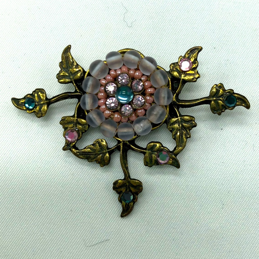 Vintage Pink/Purple Crystal and Bead Flower Brooch